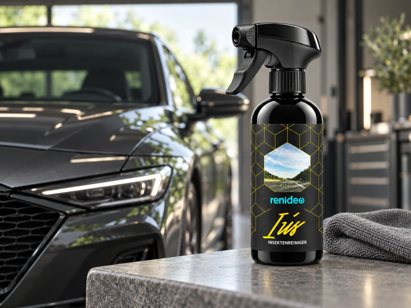 Inszeniertes renideo Produktmotiv: Resa500ml auf dunkler Steinfläche.