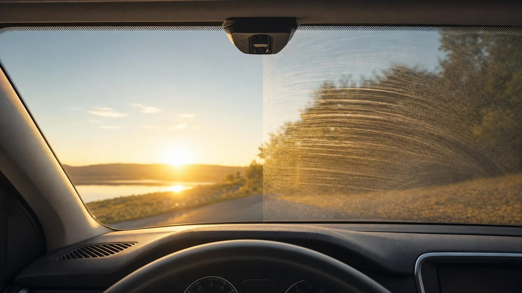 Illustration: Blick aus einem Auto durch die Frontscheibe auf einen Sonnenuntergang am Wasser; die rechte Scheibenhälfte ist stark verschmiert, links ist die Sicht klarer.