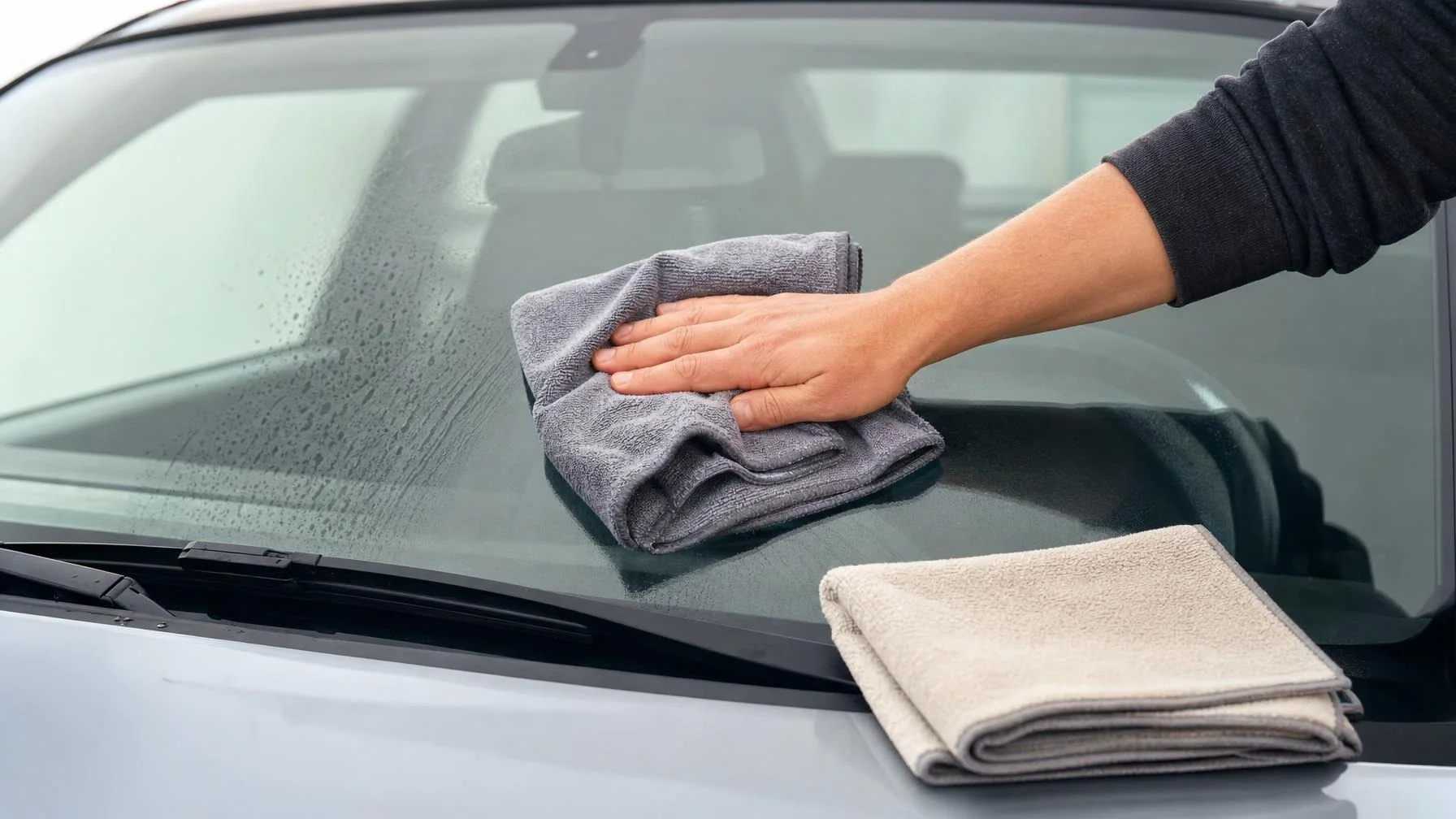 Illustration: Eine Hand wischt mit einem grauen Tuch über die nasse Frontscheibe eines Autos; auf der Motorhaube liegt ein weiteres gefaltetes Tuch.