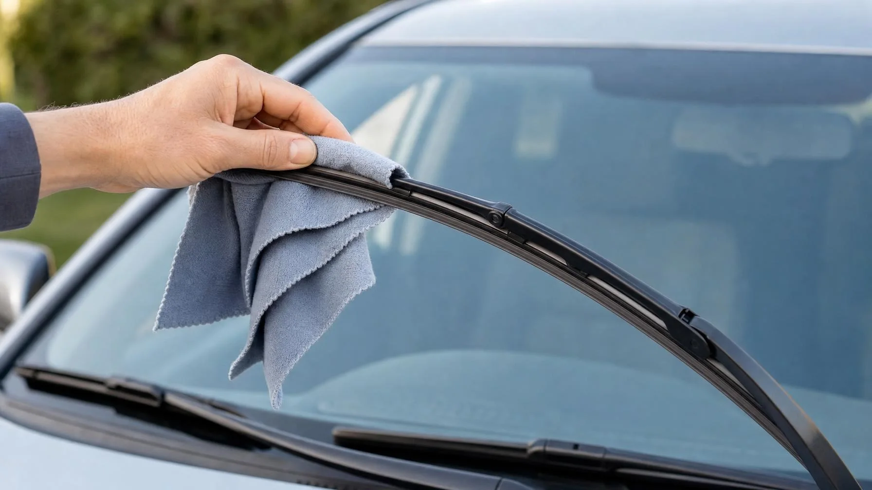 Illustration: Eine Hand hält ein graues Tuch an einem angehobenen Scheibenwischer vor der Frontscheibe eines Autos.