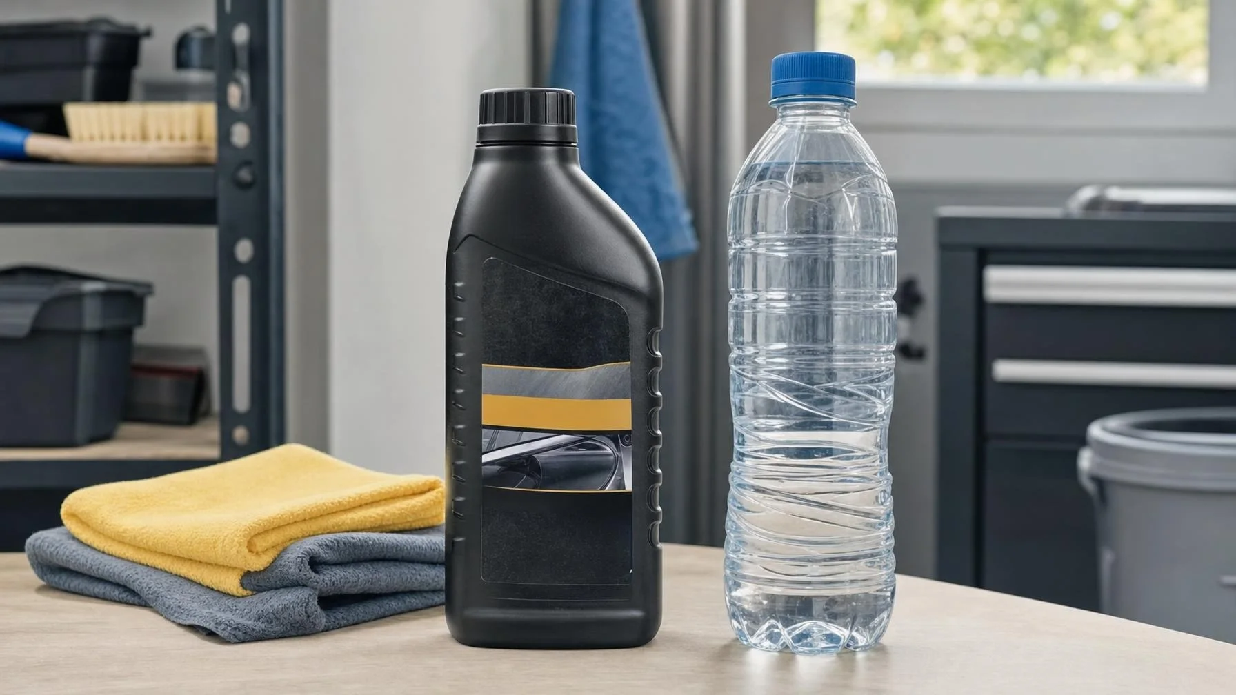 Illustration: Auf einem Tisch in einer Werkstatt stehen ein schwarzer Kanister und eine durchsichtige Wasserflasche neben gefalteten gelben und grauen Tüchern.