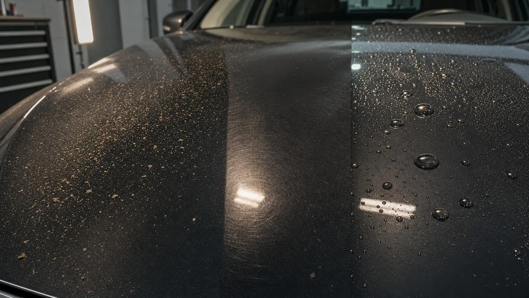 Illustration: Eine dunkle Motorhaube in einer Werkstatt zeigt links Schmutzpartikel, in der Mitte feine Kratzer und rechts zahlreiche Wasserperlen.
