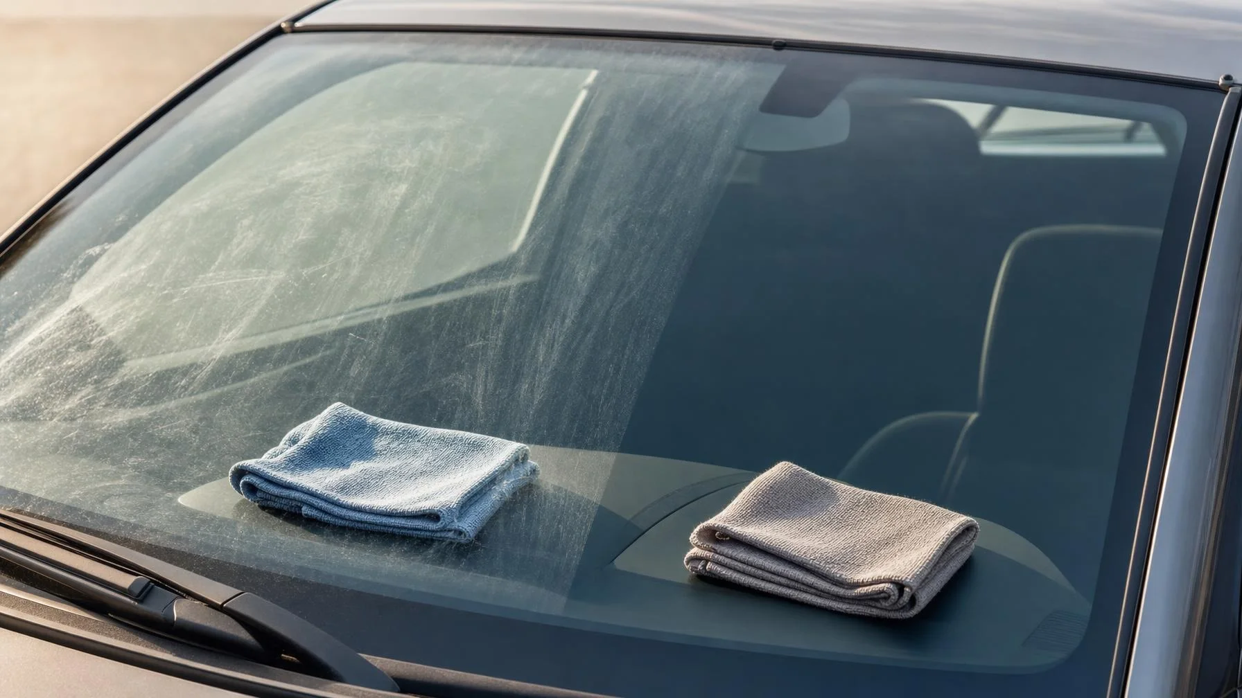Illustration: Auf der verschmierten Frontscheibe eines Autos liegen unten zwei gefaltete Tücher, eines blau und eines grau, während Wischer und Sitze sichtbar sind.