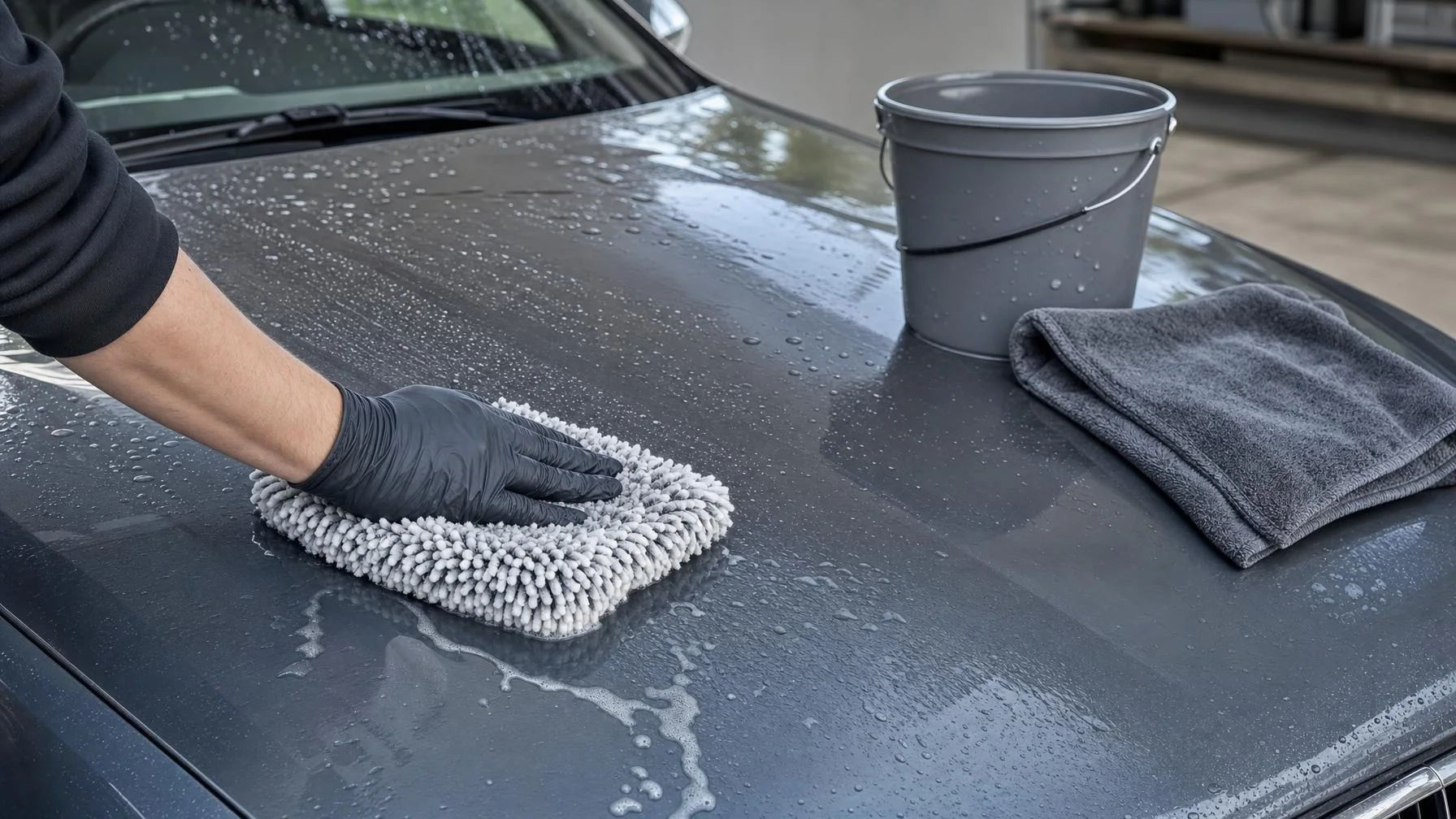 Illustration: Eine behandschuhte Hand wischt mit einem Waschhandschuh über eine nasse Motorhaube; daneben stehen ein grauer Eimer und ein gefaltetes Tuch.