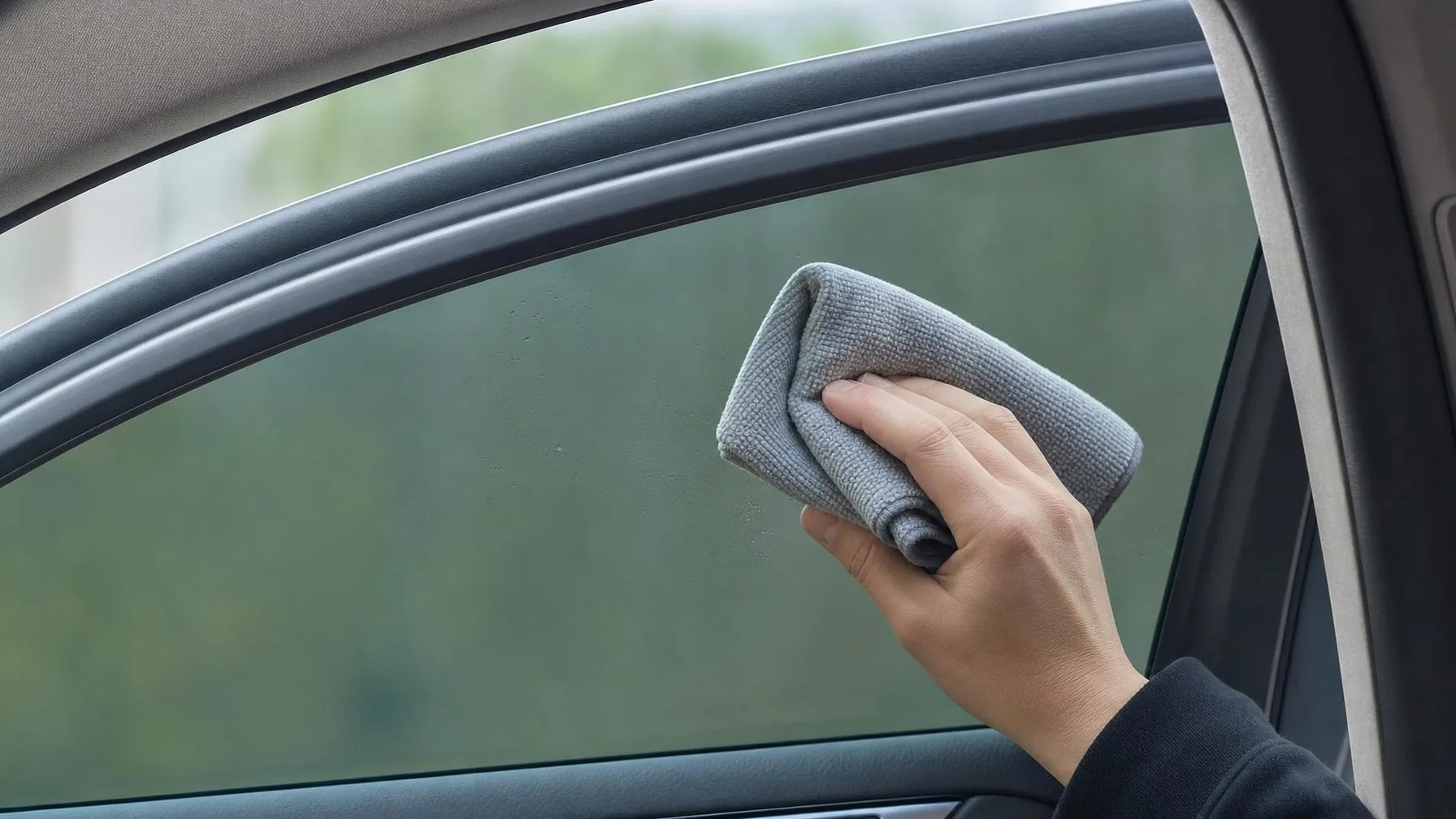 Illustration: Eine Hand wischt mit einem grauen Mikrofasertuch über die Seitenscheibe im Innenraum eines Autos.