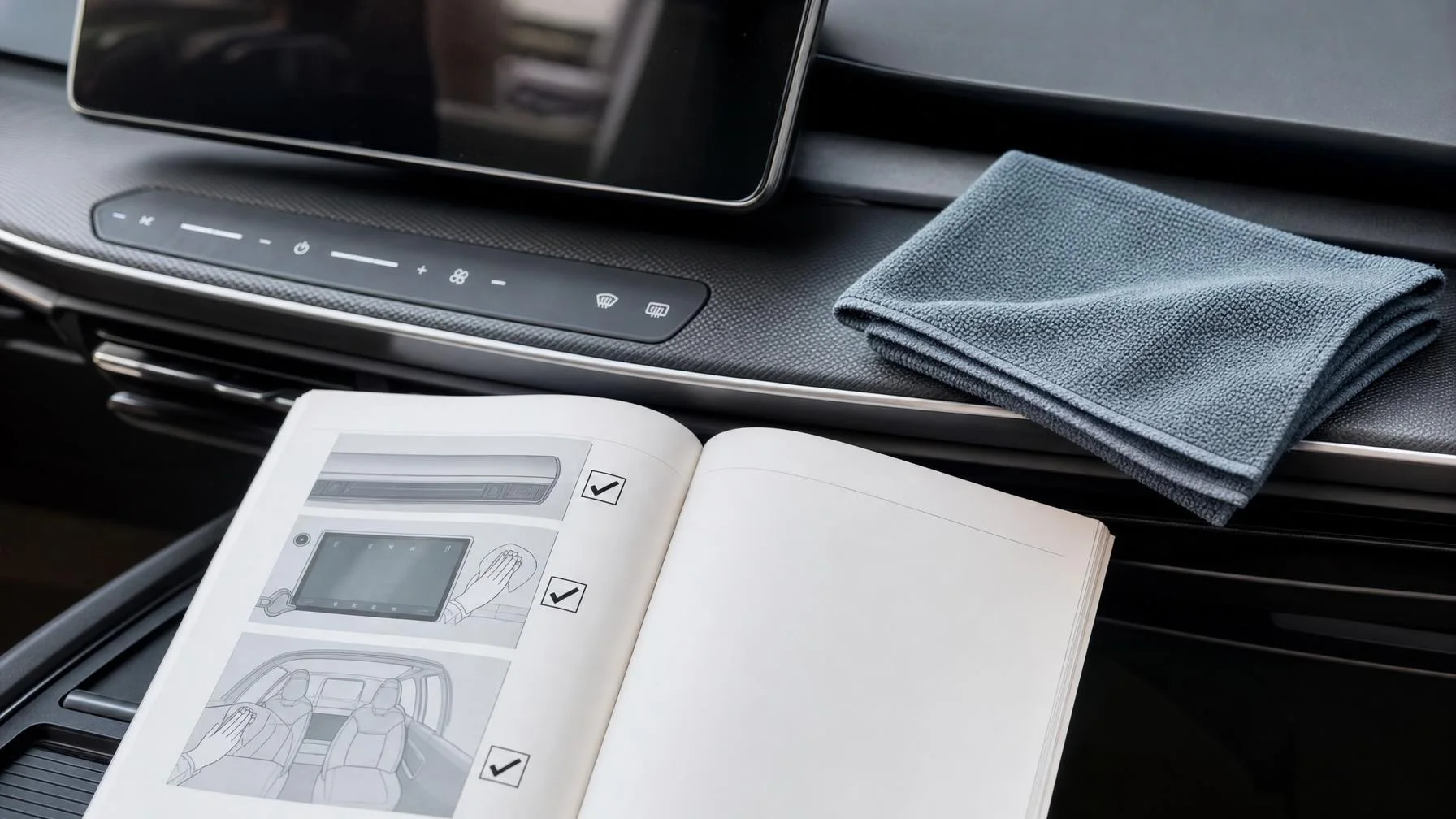 Illustration: In einem Auto liegen ein gefaltetes Mikrofasertuch auf dem Armaturenbrett und ein geöffnetes Heft mit Zeichnungen und Häkchen vor einem Display.