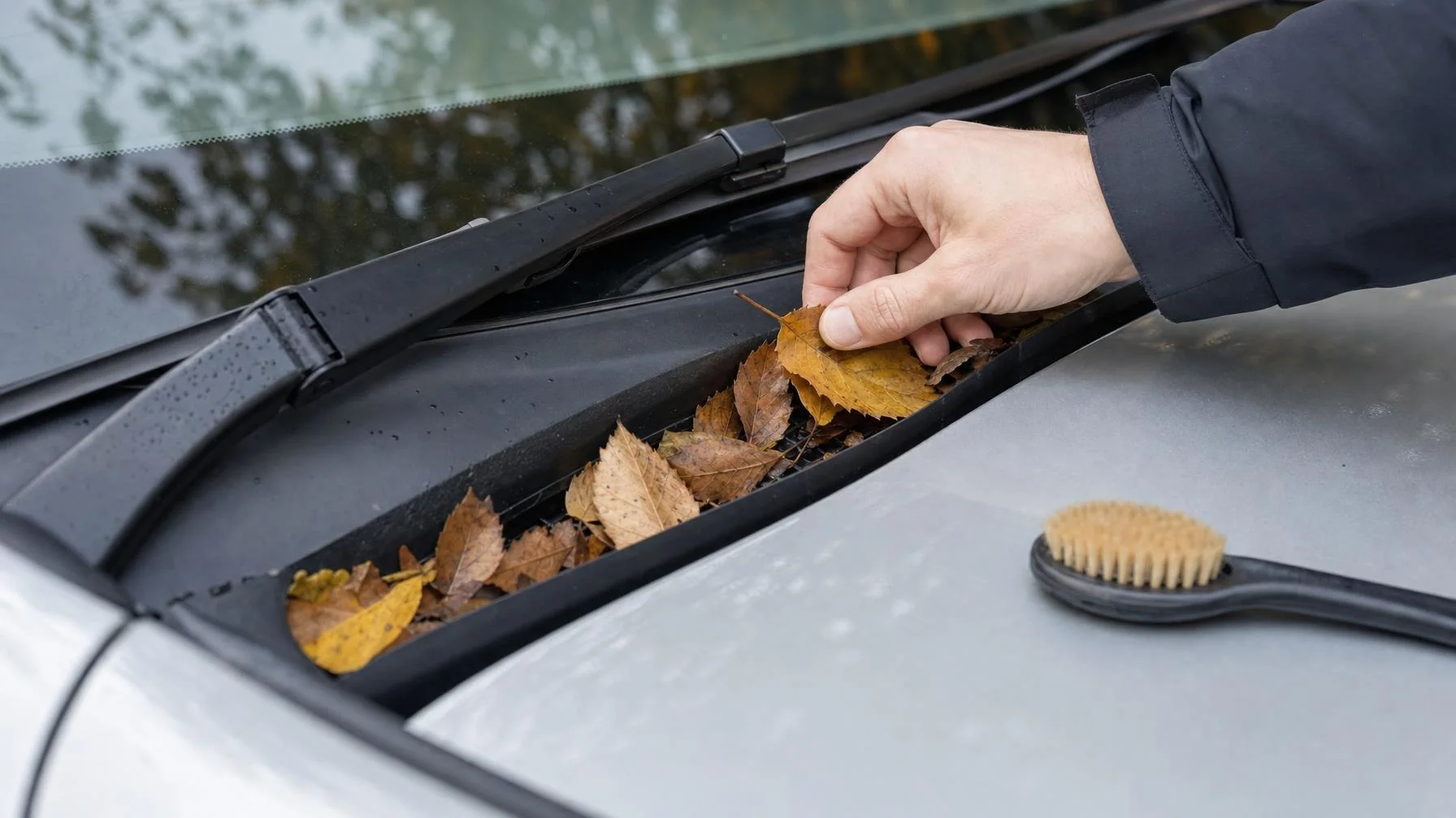 Illustration: Eine Hand entfernt braune Blätter aus dem Bereich unter der Windschutzscheibe eines Autos; daneben liegt eine Bürste auf der Motorhaube.