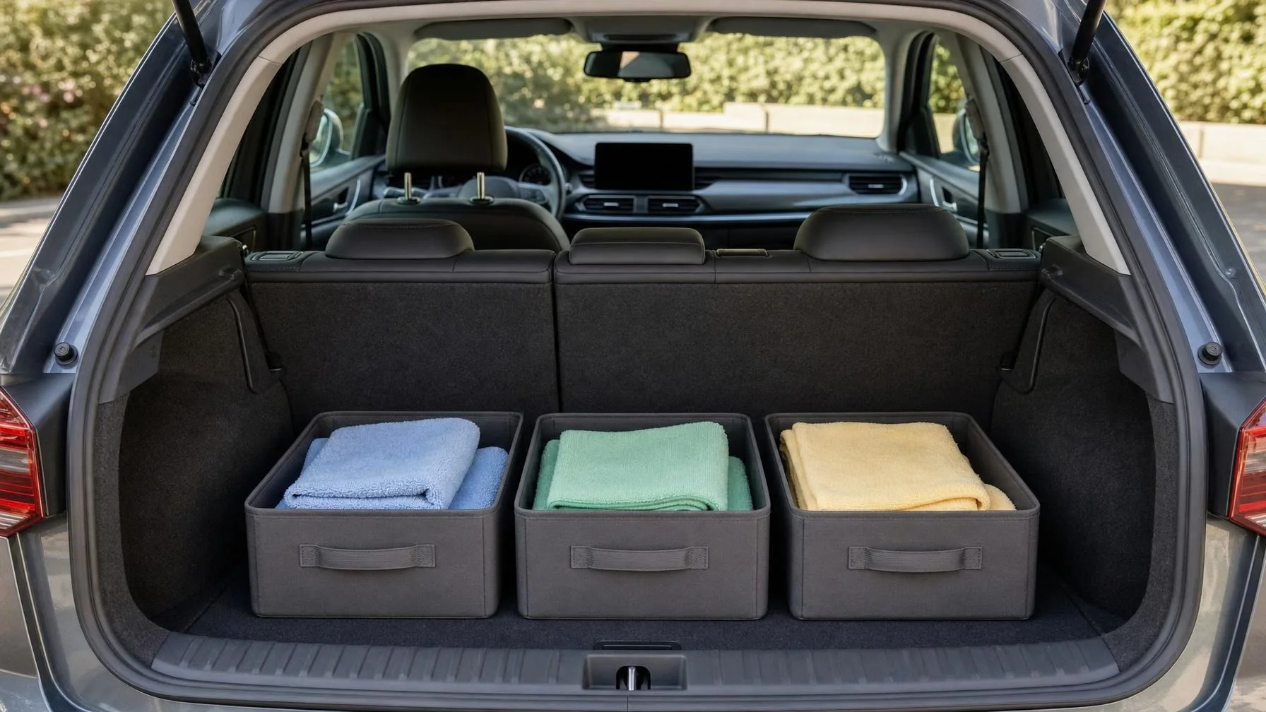 Illustration: Im offenen Kofferraum eines Autos stehen drei graue Aufbewahrungsboxen mit gefalteten Handtüchern in Blau, Grün und Gelb.