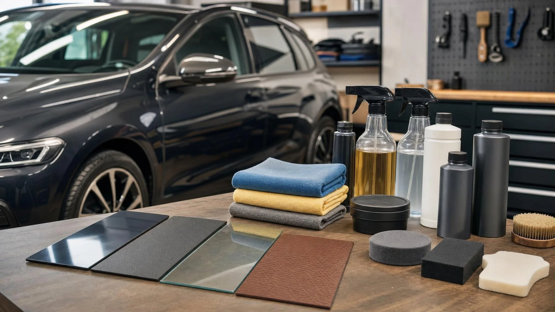 Illustration: Die Illustration zeigt einen Werkstatttisch vor einem dunklen Auto mit Sprühflaschen, Kanistern, Tüchern, Schwämmen, Bürsten und Materialproben.