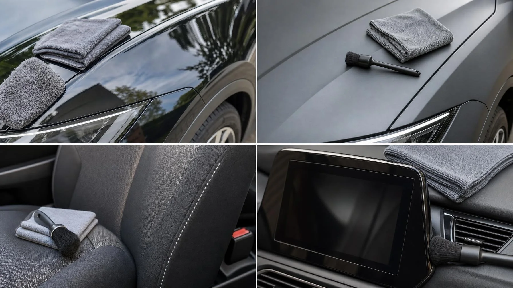 Illustration: Eine vierteilige Illustration zeigt graue Mikrofasertücher und eine schwarze Reinigungsbürste auf Motorhaube, Autositz und Armaturenbrett eines Autos.