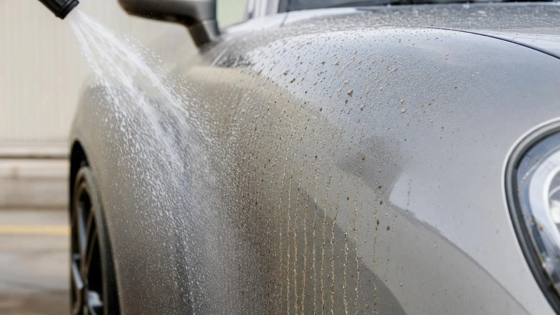 Illustration: Ein Wasserstrahl sprüht auf die verschmutzte Seite eines grauen Autos, auf der Wassertropfen und Schmutzspuren über den Lack laufen.